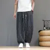 Pantalones de pierna ancha de marca de moda para verano con puños, pantalones casuales para hombre, transpirables, holgados, talla grande, seda helada, nuevo estilo chino, lino sintético, pantalones tipo linterna
