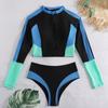 Traje de Baño Dividido de Nuevo Estilo para Mujer Cuello Redondo Ajustado Color en Contraste Traje de Baño Triángulo Moderno Manga Larga Deportivo Aguas Termales Playa