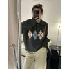 Suéter coreano retro estilo universitario con cuello polo, estampado de rombos, de manga larga, elegante y atractivo para otoño e invierno en color café