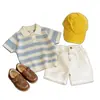 Roupa Infantil Estilo Coreano 26 Novo Estilo de Verão Infantil Elegante Camisa Polo de Tricô Vazado Listrada em Azul e Branco Shorts Casuais