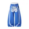 Calça Jogger Esportiva Retro Americana de Cintura Dupla com Grafite de Letras, Perna Curva, Unissex, Solta, Perna Larga, Versátil, Cintura Elástica, Calça Longa
