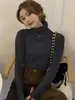 Camiseta básica de cuello alto de terciopelo doble cara para mujer, nuevo estilo otoño e invierno, cuello alto, gruesa, ajustada, top cálido
