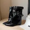 Botines Únicos para Mujer 2026 Otoño Nuevo Estilo Chica Picante Hebilla de Cinturón Pantalón Botas Punta Puntiaguda Botas de Vaquero Occidentales