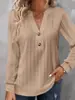 2025 Roupas Femininas de Outono e Inverno Transfronteiriças Europeias e Americanas Marca Independente Nova Camiseta Top de Manga Longa Cor Sólida Gola V com Botões