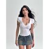 40 Algodón 92 Algodón 8 Spandex Camiseta de Manga Corta con Cuello en V y Costuras de Encaje para Mujer, Ajustada al Cuerpo, Top de Hombro
