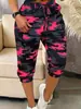 Calça camuflada cropped feminina, calça casual solta de verão, calça esportiva elástica moderna e da moda