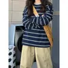 Camisa de manga larga a rayas retro americana para mujer, diseño holgado, estilo de nicho, top básico de manga larga para primavera y otoño