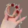 Elegante Novo Alfinete de Cabelo Pérola Rosa Vermelha para Mulheres Parte de Trás da Cabeça Borla Antiga Bola na Cabeça Rabo de Cavalo Presilha Acessório de Cabeça
