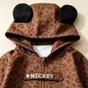 Mono de Bebé Otoño Estampado Leopardo con Capucha de Orejas 3D de Mickey Mouse Mameluco para Salidas y Gateo