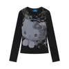 Camiseta de Manga Larga con Diamantes Calientes de Hello Kitty Estilo Retro Americano Hombro Derecho para Mujer Otoño Ajustada Corta Chic Perezosa Delgada