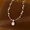 Collar de perlas cuadradas de circón con cuentas de doble capa, cadena para la clavícula de lujo discreto, accesorio de moda versátil y simple para mujer
