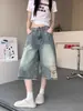 Jeans Cropped Rasgado com Bainha Desfiada Estilo Americano para Mulheres, Design de Perna Larga para o Verão, Shorts Retos de Comprimento 8/10