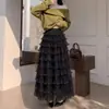 Saia de bolo em camadas de malha de alta qualidade, novo estilo outono/inverno, cintura alta elástica, fluida, linha A de fada, saia longa em camadas