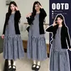 Roupas de Gravidez 2026 Primavera/Verão Novo Estilo Coreano Solta com Proteção Solar Design Jaqueta Colete Xadrez Vestido Conjunto Maternidade