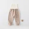 Pantalones largos de algodón para bebé, de cintura alta, protectores de barriga, adecuados para bebés y niños pequeños, pantalones largos de capa base para otoño, pantalones de cintura alta grado A para bebés y niños pequeños