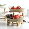 Plato de frutas creativo de doble capa multicapa estilo europeo de cerámica para frutas secas con soporte de bambú plato de sushi para el hogar cesta de frutas directo de fábrica