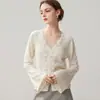 Cardigan de Crochê Renda Caxemira Feito à Mão Outono Inverno Novo Estilo Manga Flare Feminina Decote V Camada Base Versátil Uniboto Casaco Quente