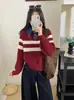 Otoño Invierno Nuevo Estilo Jersey de Punto con Cuello de Mezclilla Falso de Dos Piezas para Mujer Holgado Chic Rayas Bloque de Color Top Adelgazante