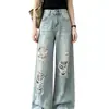 Jeans rectos rasgados de estilo americano para mujer, nuevos pantalones holgados de pierna ancha vintage adelgazantes para primavera y otoño