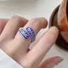 Nuevo Anillo Exquisito Estilo Chino Azul Quemado para Mujer, Anillo Abierto con Flor de Relieve de Cruz Geométrica, Tendencia de Anillo para Dedo Índice de Moda Retro