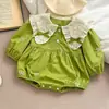 Roupa de Engatinhar para Bebê Estilo Coreano Primavera e Outono Nova Macacão de Bebê Menina com Gola Bordada de Manga Longa Roupas Fofas Largas