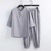 Traje de lino de marca de moda para hombre, verano, delgado, deportivo, ocio, talla grande, sistema de meditación, traje zen