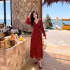 Vestido Longo Feminino Estilo Doce com Renda Floral, Decote em V, Manga Lanterna, para Primavera e Outono, Zíper Lateral, Cintura Ajustada, Corte A