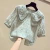 Camiseta de Manga Curta para Meninas 2026 Verão Novo Estilo Gola Boneca Blusa de Chiffon Moda para Meninas Manga Curta Elegante com Babados Tendência