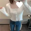 Nuevo Top de Punto para Mujer Otoño e Invierno 2024, Ajustado, Cintura Alta, Corto, Manga Larga, Escote Cuadrado, Camiseta Base