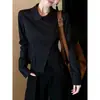 Elegante Camisa Negra Vintage de Manga Larga con Solapa Bordada, Top Corto Ceñido a la Cintura con un Diseño Estiloso para Mujer, Primavera 2026