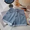 Nuevos Shorts de Mezclilla de Cintura Alta Estilo Coreano para Mujer Pequeños Delgados Sueltos Adelgazantes Casuales Dobladillos Pierna Ancha Pantalones Cortos Ajustados para Verano
