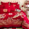 Conjunto de Casamento de Quatro Peças Grande Vermelho de Luxo com Bordado de Dragão e Fênix Dupla Felicidade Capa de Edredom Lençóis de Cama Novo Lar Colcha de Casamento Roupa de Cama de Casamento