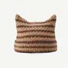Outono e inverno novo chapéu de lã quente fêmea orelhas de gato bonito moda coreana listrado chapéu de malha Internet celebridade pullover chapéu