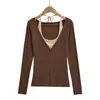 25 Estilos Nuevos de Otoño, Color de Contraste Cuello en U Falso Dos Piezas Mangas Largas Tops Básicos, Camisetas, Estilo Europeo y Americano, Sensación Ligera