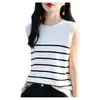 Top regata de tricô de seda gelada listrado sem mangas, estilo chique francês, transfronteiriço, para mulheres, fino para o verão, rejuvenescedor, bonito e estiloso