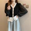 Cardigan de malha feminino outono novo design doce top slim fit slim decote V chiffon costura manga longa
