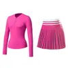 [Conjunto] Ropa de Yoga de Manga Larga Falda Plisada Fitness para Mujer Correr al Aire Libre Transpirable Pilates Entrenamiento Top Henry