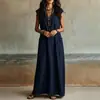 Vestido Casual de Verão Novo Estilo Europeu e Americano Transfronteiriço Feminino Confortável para Férias Cor Sólida Bolso com Botão Sem Mangas