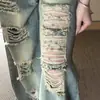 Jeans Rectos Desgastados Rasgados Estilo Retro Americano para Personas Bajas Mujer Sueltos de Cintura Alta Adelgazantes de Pierna Ancha Pantalones de Largo Hasta el Suelo