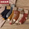 Calcetines de invierno para mujer, otoño e invierno, forro polar, calcetines gruesos de rizo, a rayas, moda, cálidos, a prueba de frío, longitud hasta la mitad de la pantorrilla, calcetines de moda largos