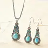 Conjunto de Colar e Brincos com Pingente Geométrico Turquesa Inlaid em Cristal Azul Moda