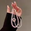 Corrente de Celular Pérola em Forma de Coração com Brilhos Estilo Coreano, Cordão Dupla Camada de Pérolas Simples e Elegante, Acessório Pingente Gracioso e Confortável