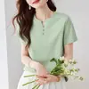 92% algodón 8% elastano para mujer, color liso, simple, cuello en V pequeño, camiseta casual versátil con diseño de botones, jersey