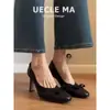 Versión de Piel de Oveja~Zapatos Cuadrados para Mujer con Lazo Estilo Francés, Zapatos Negros Bajos para el Trabajo Que Son Cómodos, No Cansan los Pies, con Tacones Finos y Tacones Altos