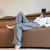 ¡Altamente Recomendado! Tan cómodos ~ Pantalones Casuales Largos de Algodón y Lino a Rayas Grises para Figuras Petite, Pierna Recta con Cordón