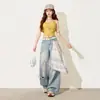 Jeans anchos desgastados lavados estilo coreano para mujer, verano 2026, delgados, de cintura alta, adelgazantes, holgados, con caída, pantalones casuales