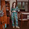 [Lábios Vermelhos Verdes] Novo Conjunto de Pijama Feminino de Seda Gelada para Primavera, Verão e Outono, Manga Longa Estampada Fina
