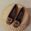 Sapatos femininos de salto baixo com cabeça quadrada, novos sapatos de salto baixo para primavera e outono de 2025, camurça, boca rasa, strass, fivela quadrada, não cansa, sapatos de salto grosso
