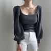 Suéter Base Cálido de Manga Larga Color Sólido Otoño e Invierno, Cuello Cuadrado Elegante Retro, Mangas Abullonadas, Corte Ajustado que Estiliza la Cintura, Gris, Talla Única