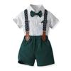 Roupa de Performance Infantil de Verão Estilo Coreano Gola Lapela Manga Curta Laço Shorts com Alça Camisa de Menino Terno de Cavalheiro